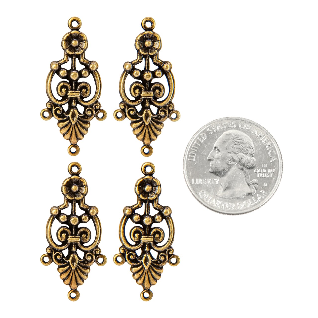 Antiqued Brass Four Ring Art Deco Connectors, Set of Four - AB-4C12